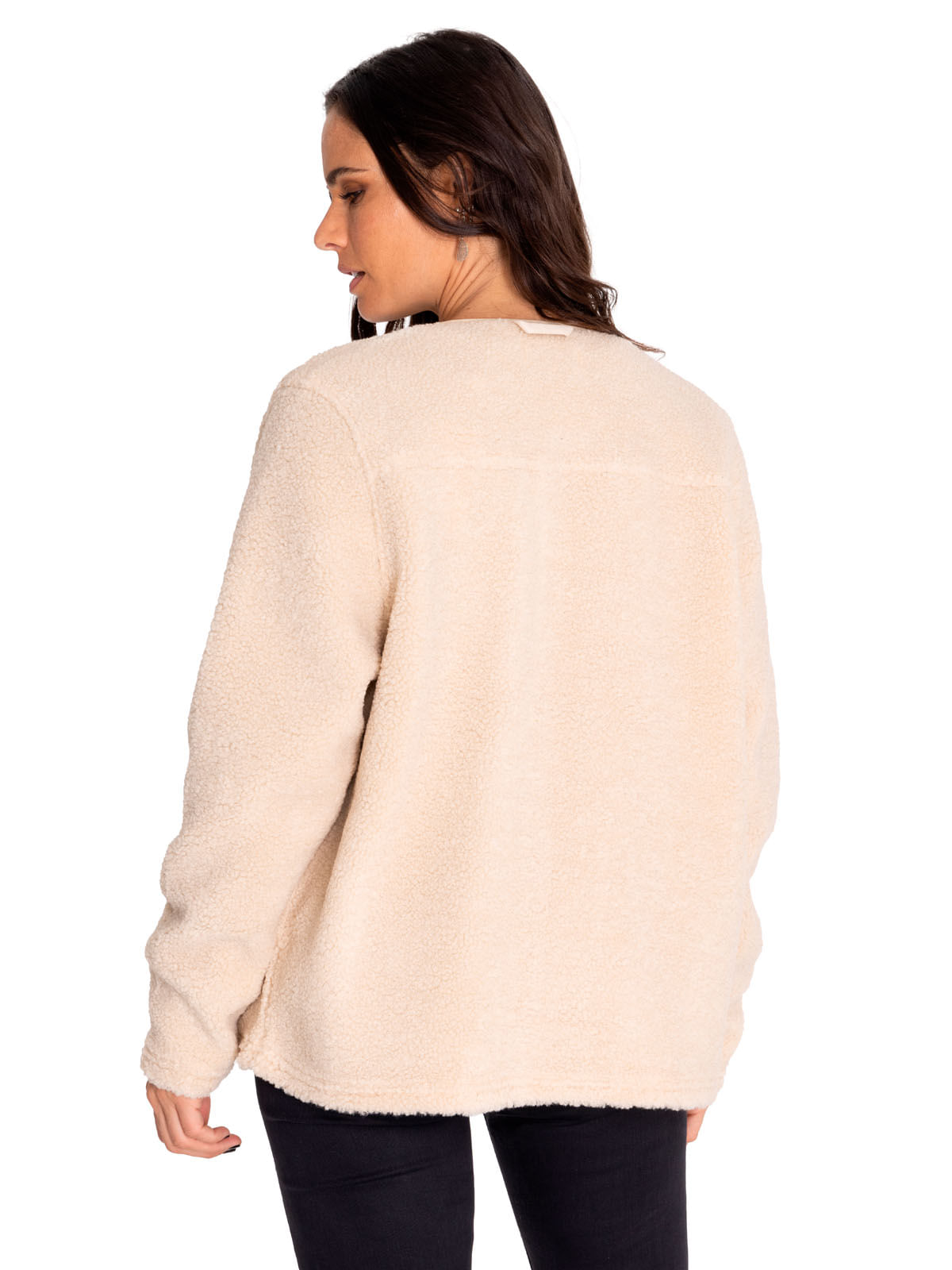 Polar Casual Mujer Long Button Front Sherpa Jacket Beige/Crudo Cat