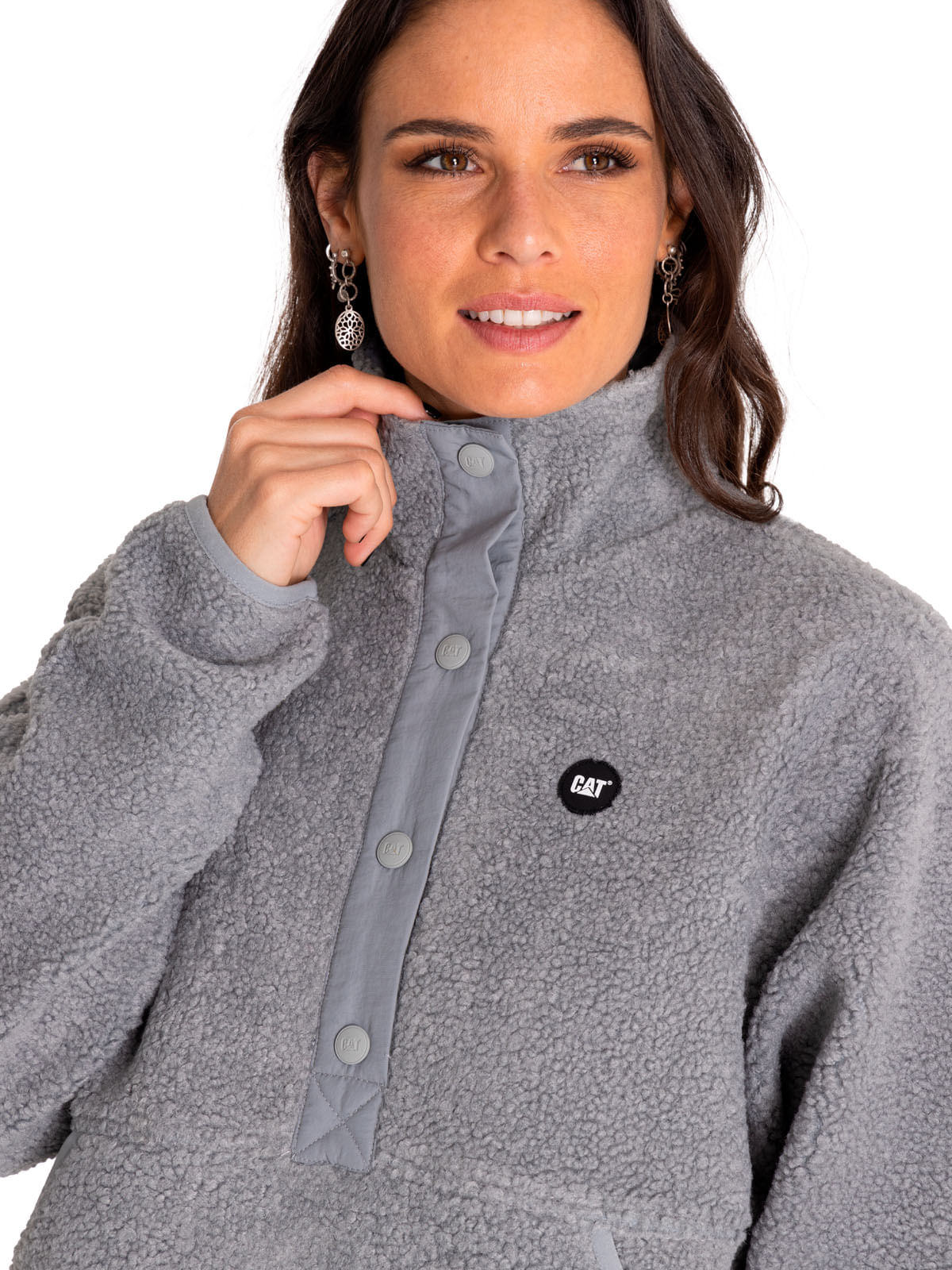 Polar Casual Mujer Sherpa Fleece Snap Front Pullover Jacket Gris Cat