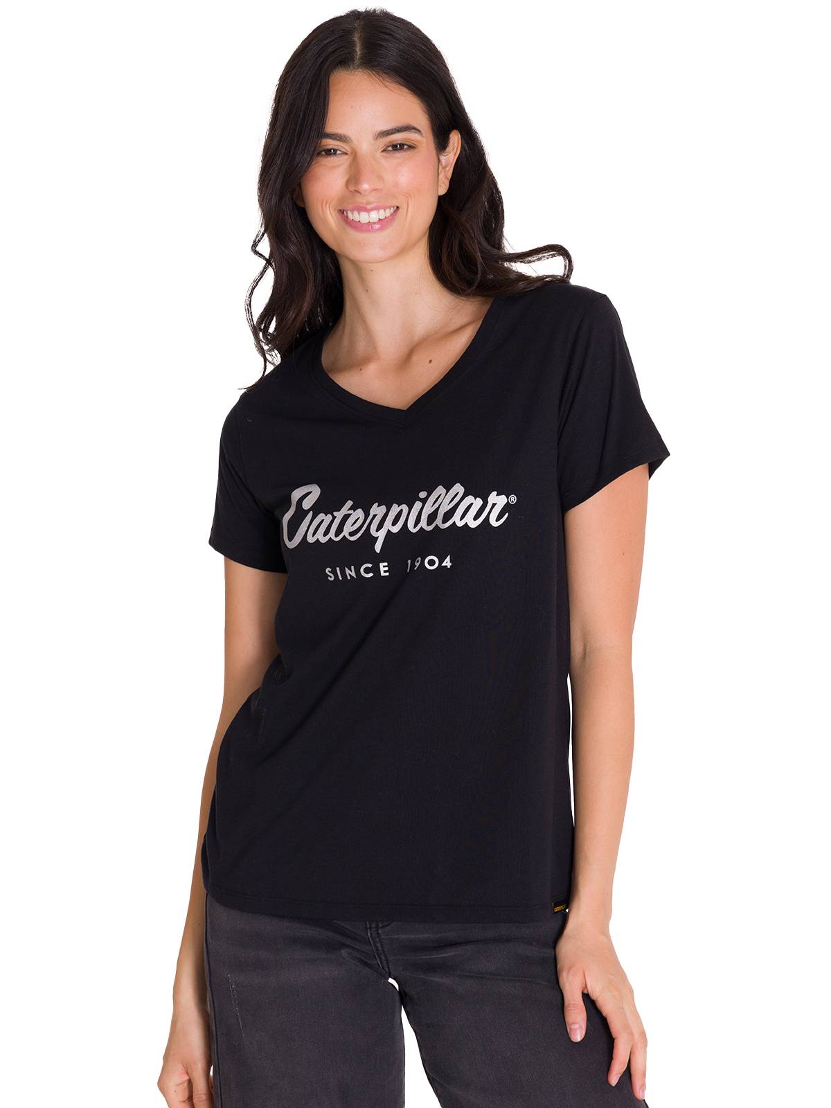 Polera Manga Corta Cuello V Mujer CAT METALLIC SCRIPT V-NECK TEE Negra Cat