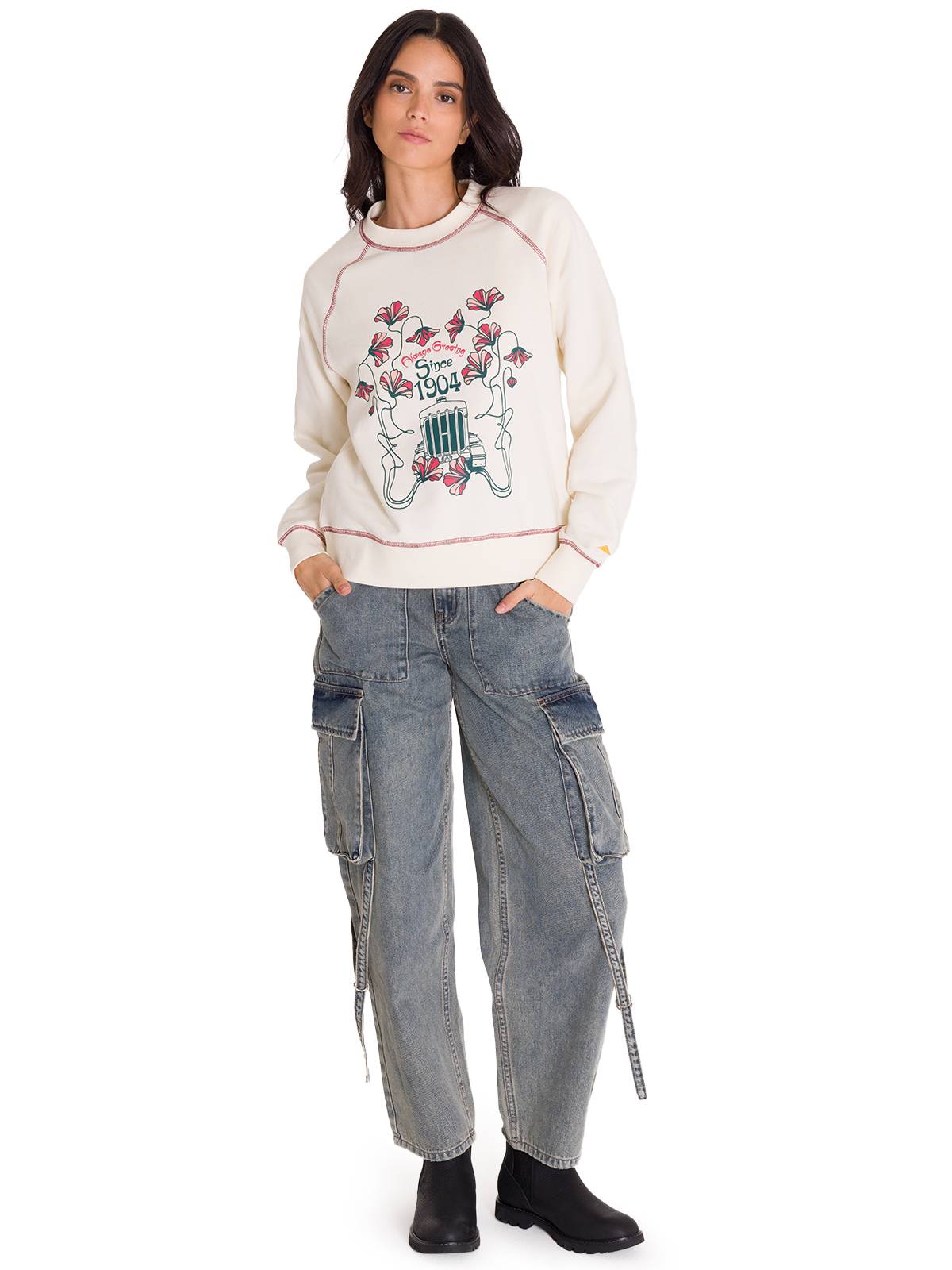 Polerón Manga Larga Mujer Contrast Stitch Graphic Perla Cat
