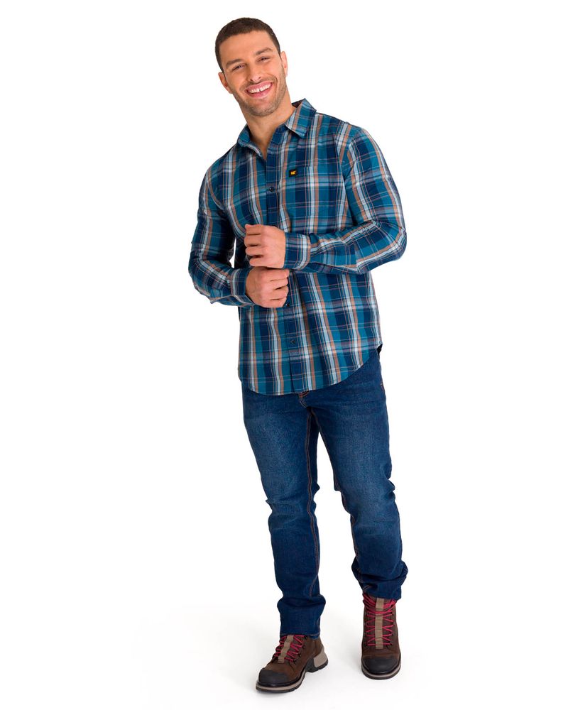 Camisa-Manga-LargaCasual-Hombre-Plaid-Poplin-Rojo-Azul-CAT