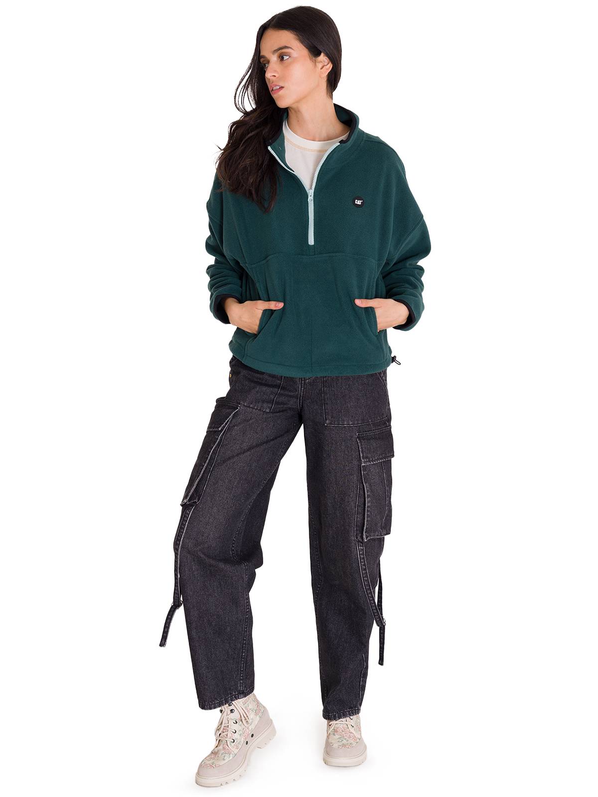 Polar Manga Larga Mujer BOXY OVERSIZED HALF ZIP FLEECE Verde Petróleo Cat