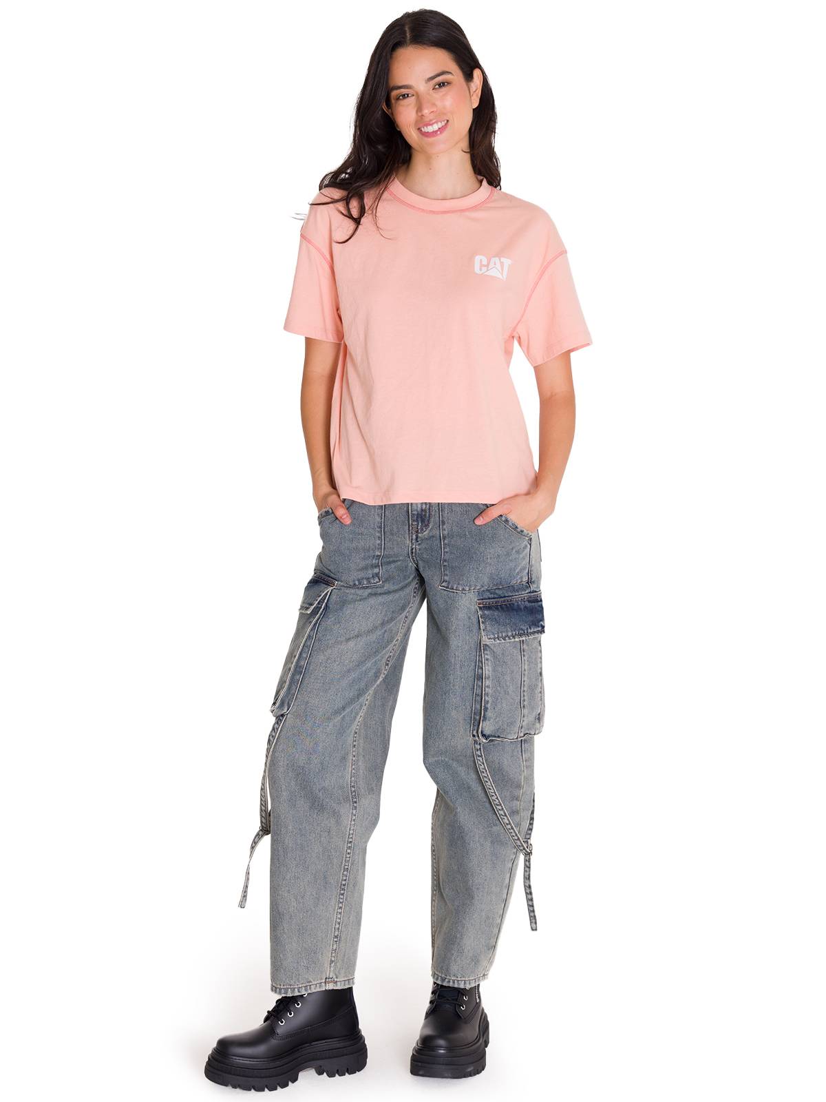 Polera Manga Corta Mujer Boxy Rosado Cat